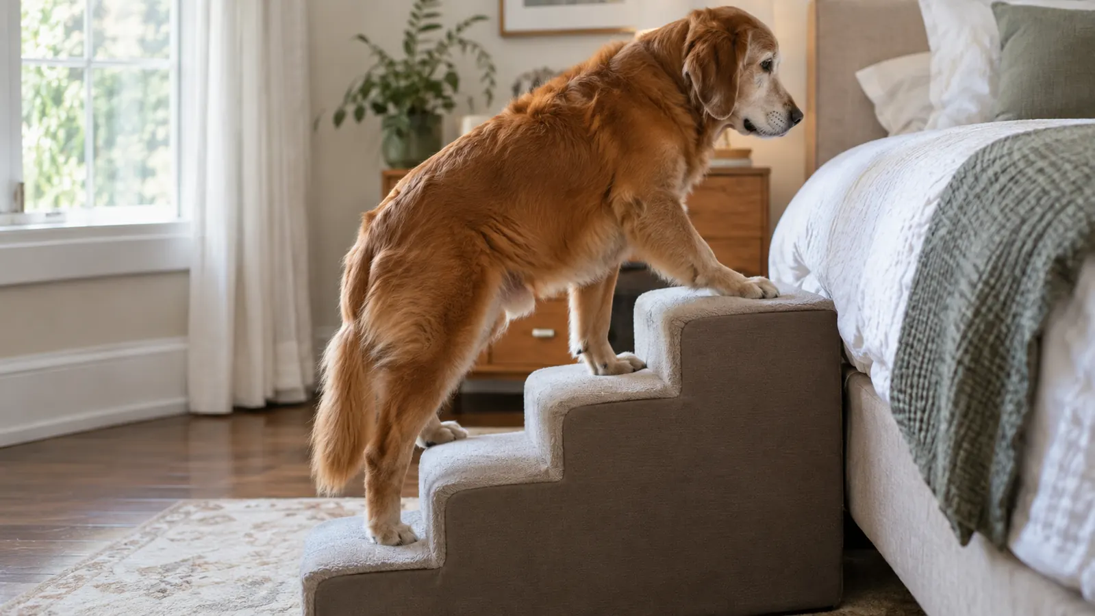 A senior dog climbing four-step pet stairs onto a bed, seen from the side.