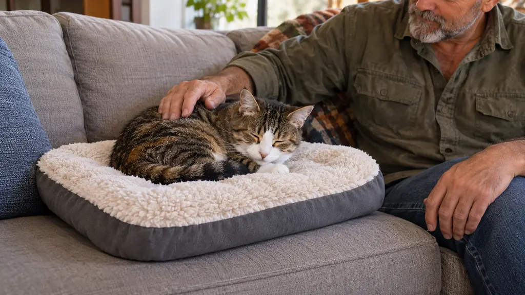 A cat resting on the K&H self-warming cat bed pad on a couch
