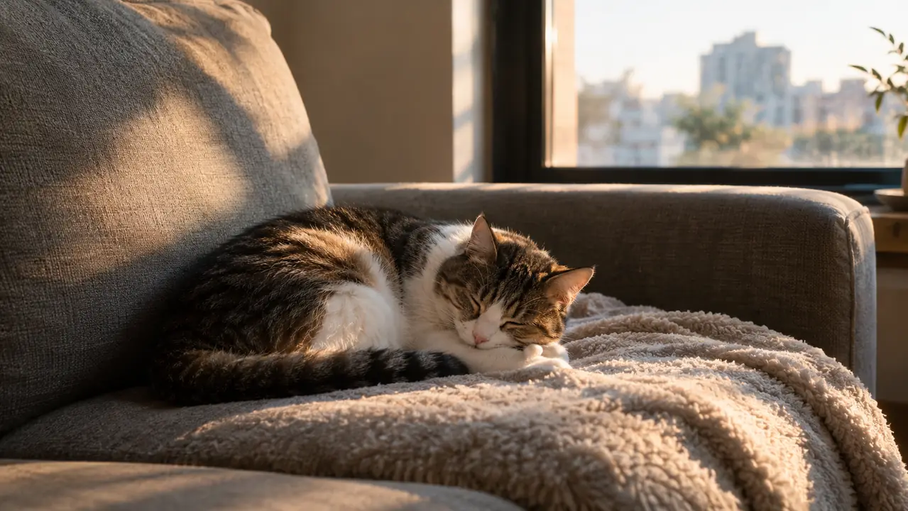 A cat napping on the same self-warming pad in the late afternoon