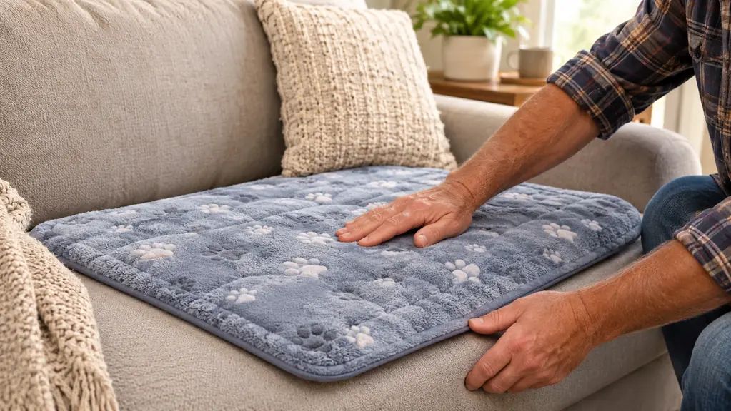 A person's hand smoothing the plush surface of the self-warming pad on a couch cushion