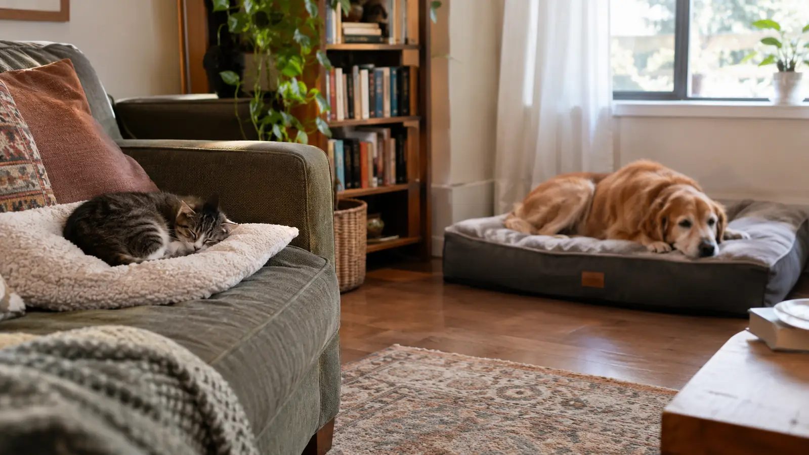 A cat curled on the pad at one end of a couch while a larger dog rests on an orthopedic bed in the same room