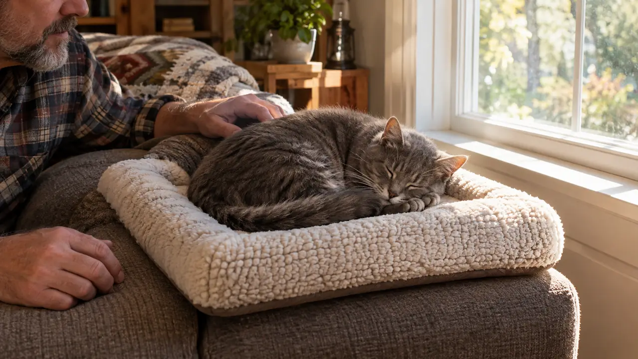 An older gray cat curled up asleep on the self-warming pet pad at the end of a couch by a sunny window