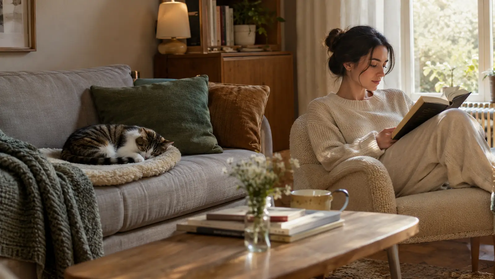 A cat resting on the pad while the owner reads in a chair nearby