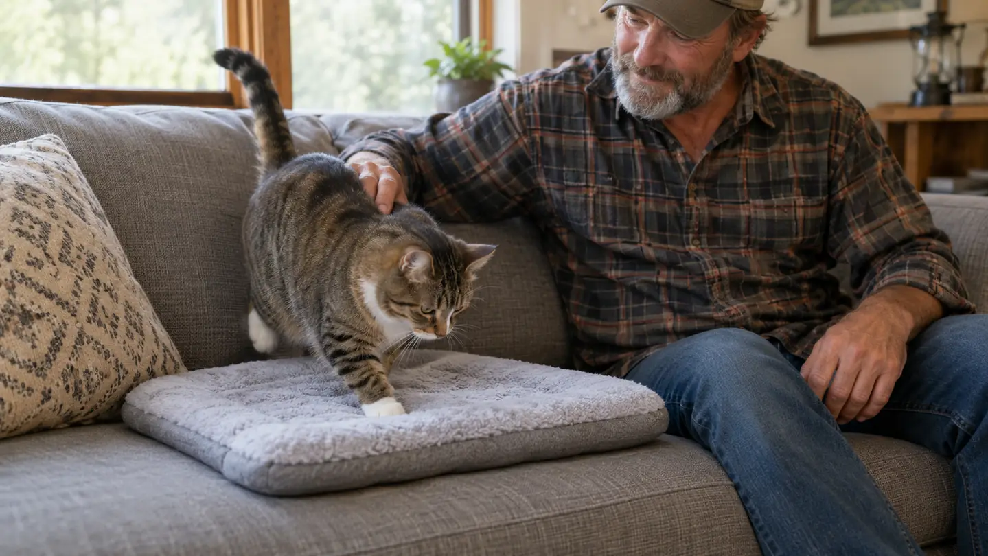 A cat stepping onto a flat plush pad on a couch cushion