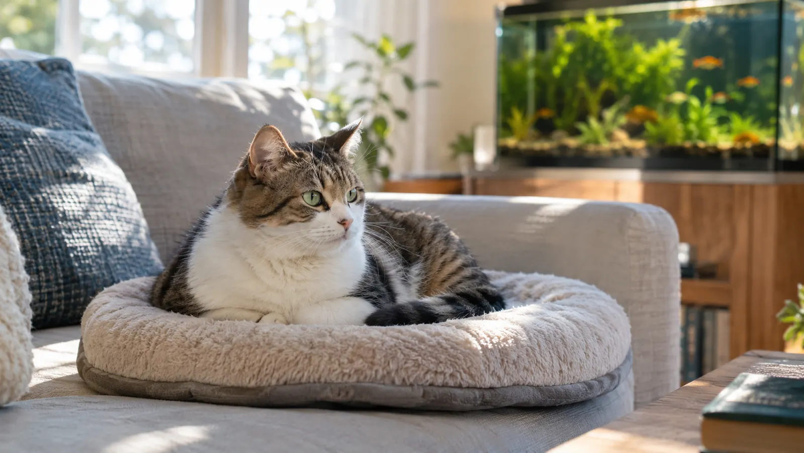 A cat resting on a flat pad on a couch near a window with a fish tank softly visible in the background